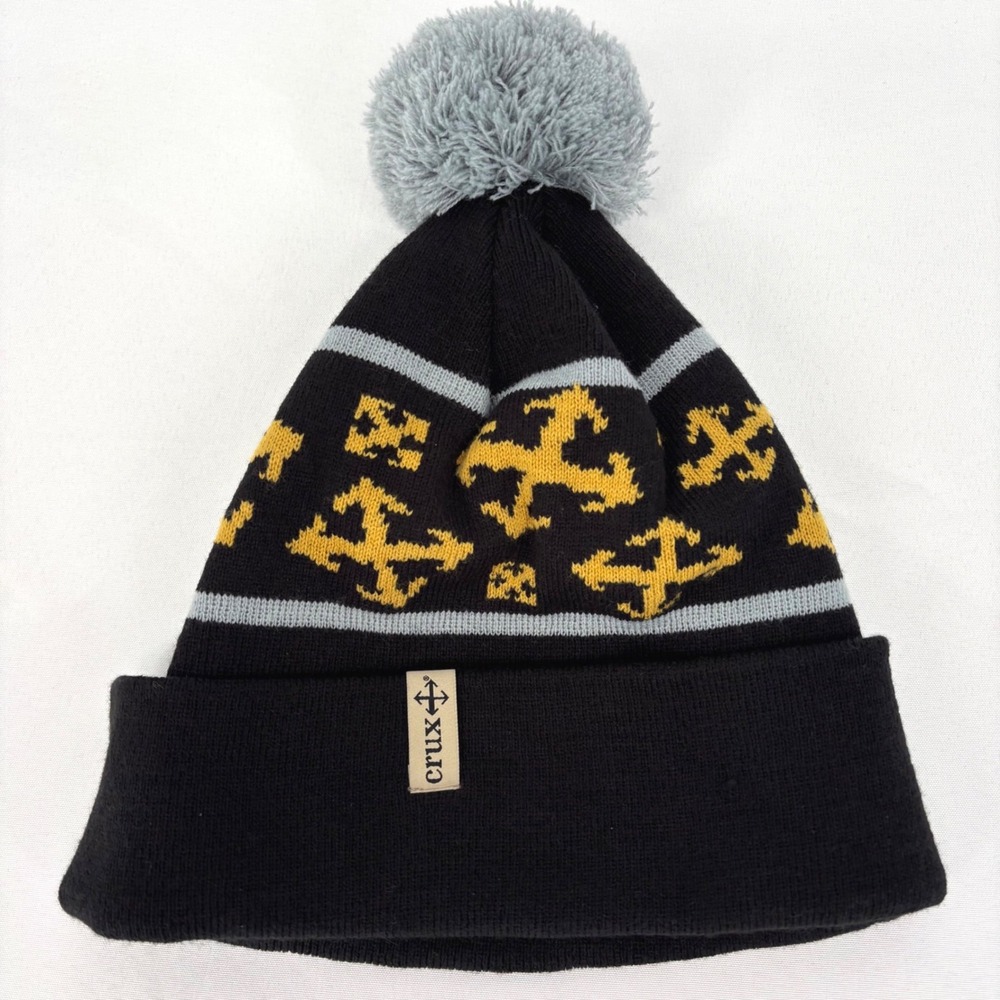 Crux Winter Beanie Pom Pom Black Yellow Gray Fleece Lined Unisex One Size